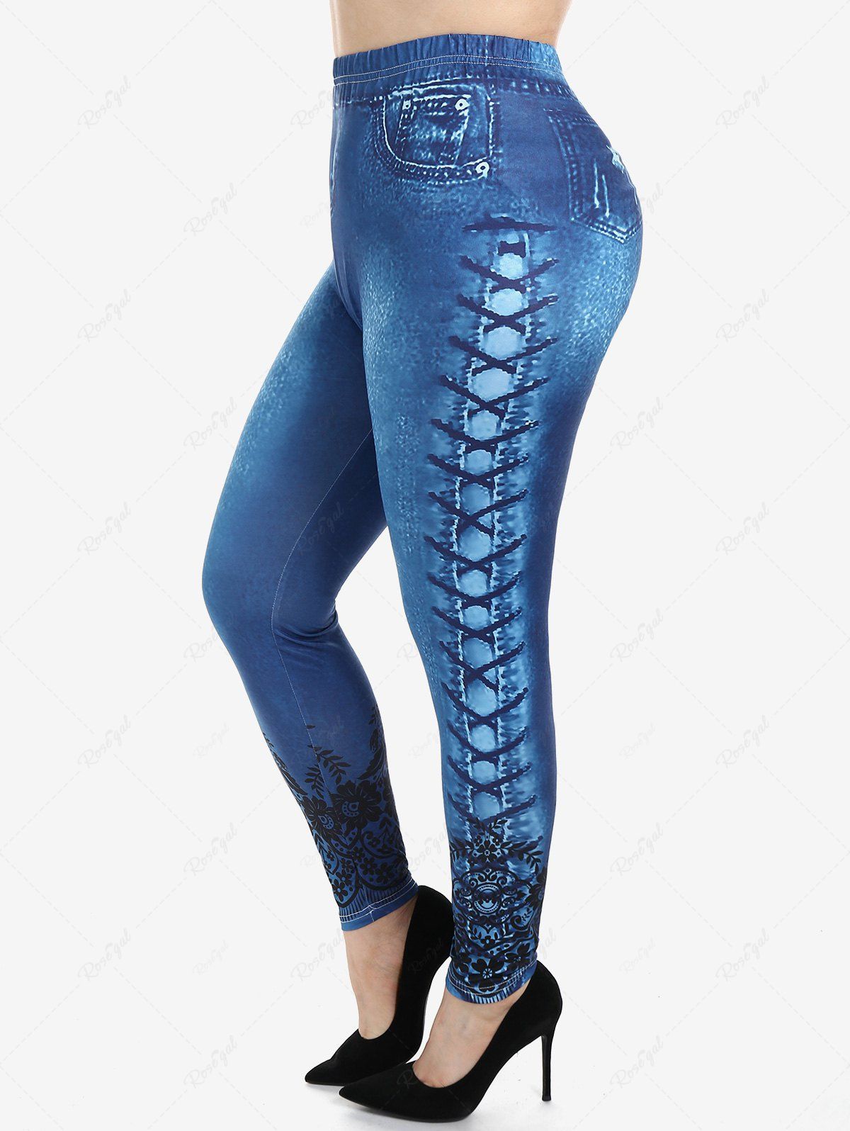 Store Plus Size 3D Lace Up Denim Print Skinny Leggings  