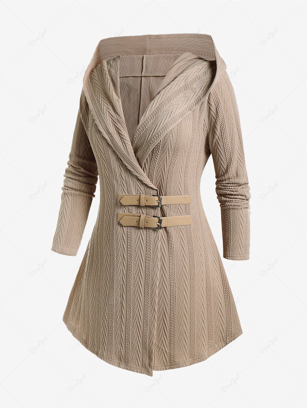 Fashion Plus Size Hooded Buckled Cable Knit Cardigan  