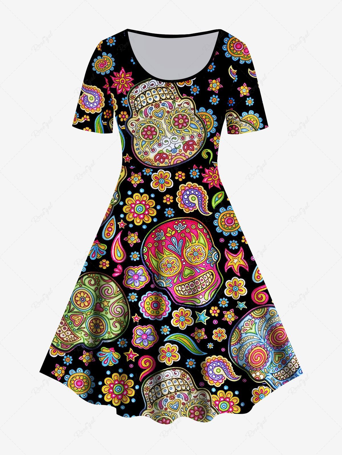 Outfits Plus Size Tribal Paisley Skull Print A Line Dress  