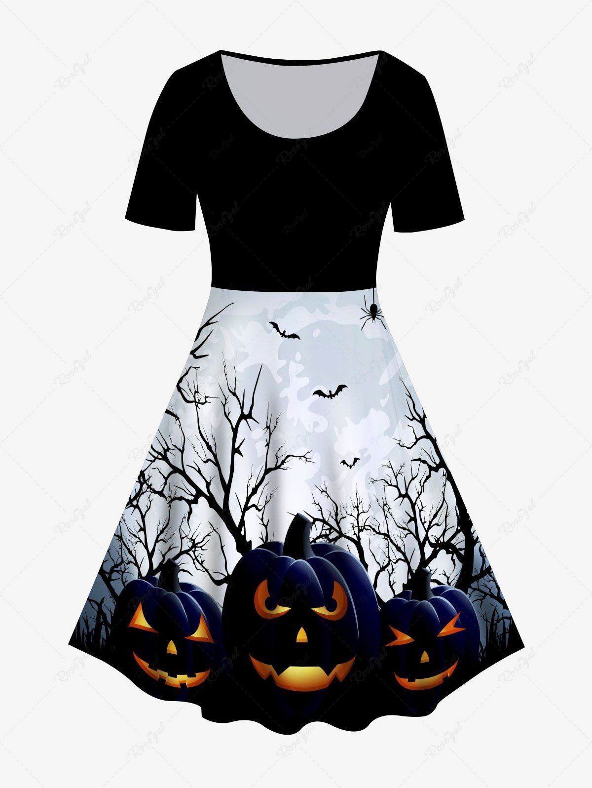 Fancy Halloween 3D Pumpkins Bats Spider Printed Vintage A Line Dress  