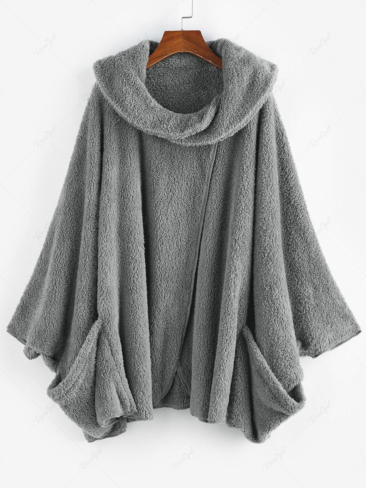 Fashion Plus Size Batwing Sleeve Pockets Asymmetric Fleece Poncho  