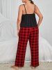 Plus Size Lace Trim Backless Plaid Pants Pajamas Set -  