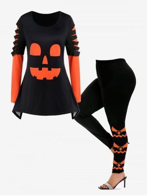 Halloween Colorblock Pumpkin Face Ripped Asymmetric T-shirt and Skinny Leggings Outfit