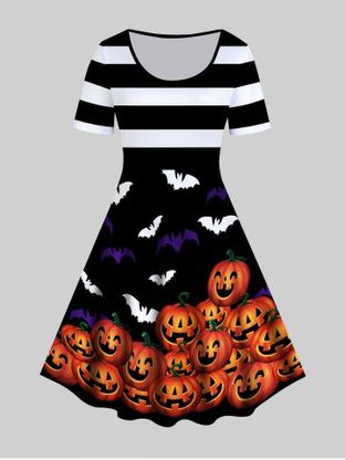 Halloween Pumpkins Bats Printed Stripes Vintage A Line Dress