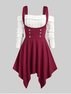 Plus Size Off The Shoulder Cable Knit Top and Handkerchief Midi Dress - DEEP RED - 2X | US 18-20