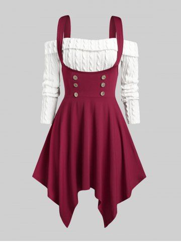 Plus Size Off The Shoulder Cable Knit Top and Handkerchief Midi Dress - DEEP RED - 5X | US 30-32