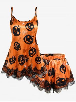 Halloween Lace Panel Pumpkin Print Short Pajamas Set