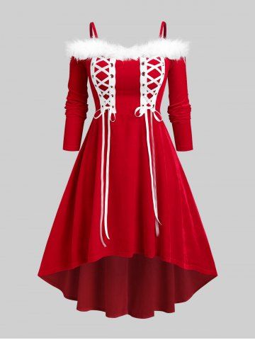 Plus Size Christmas Lace Up Cold Shoulder High Low Velvet Midi Dress - RED - 1X | US 14-16