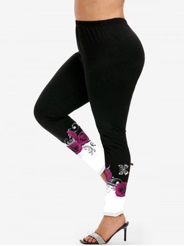 Plus Size 3D Rose Butterfly Printed Colorblock Skinny Leggings
