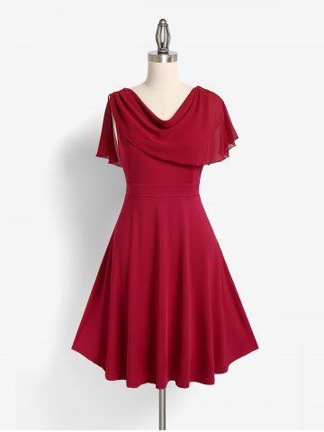 Plus Size Valentines Cowl Neck Fit and Flare Capelet Party Dress - DEEP RED - L | US 12