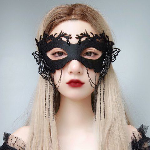Gothic Skeleton Butterfly Fringe Cosplay Nightclub Mask Halloween Party Mask - BLACK