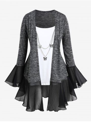 Plus Size  Bell Sleeve Space Dye Mesh Panel 2 in 1 Top