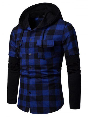 Plaid Print Front Flap Pocket Long Sleeve Button Up Hooded Shirt - BLUE - XL