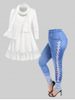 Embroidered Mesh Panel Longline T-shirt with Scarf and 3D Denim Print Skinny Jeggings Plus Size Outfit -  