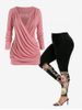Ensemble de T-shirt Cache-Cœur à Rose et Chaîne et Legging à Taille Haute Grande Taille - Rose clair 