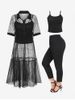 Heart Pattern Sheer Mesh Longline Blouse with Camisole Twinset and Fringed Pants Plus Size Fall Outfit -  