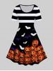 Robe D'Halloween Ligne A Vintage Rayée à Imprimé Citrouille Chauve-souris - Noir 