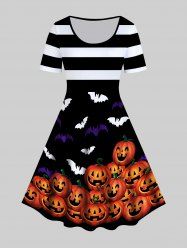 Robe D'Halloween Ligne A Vintage Rayée à Imprimé Citrouille Chauve-souris - Noir 1X | US 14-16