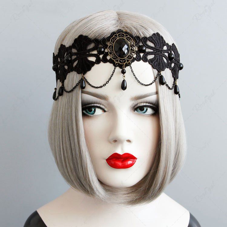 Accessoires de Cheveux Bandeau Gothique en Dentelle avec Strass Noir 