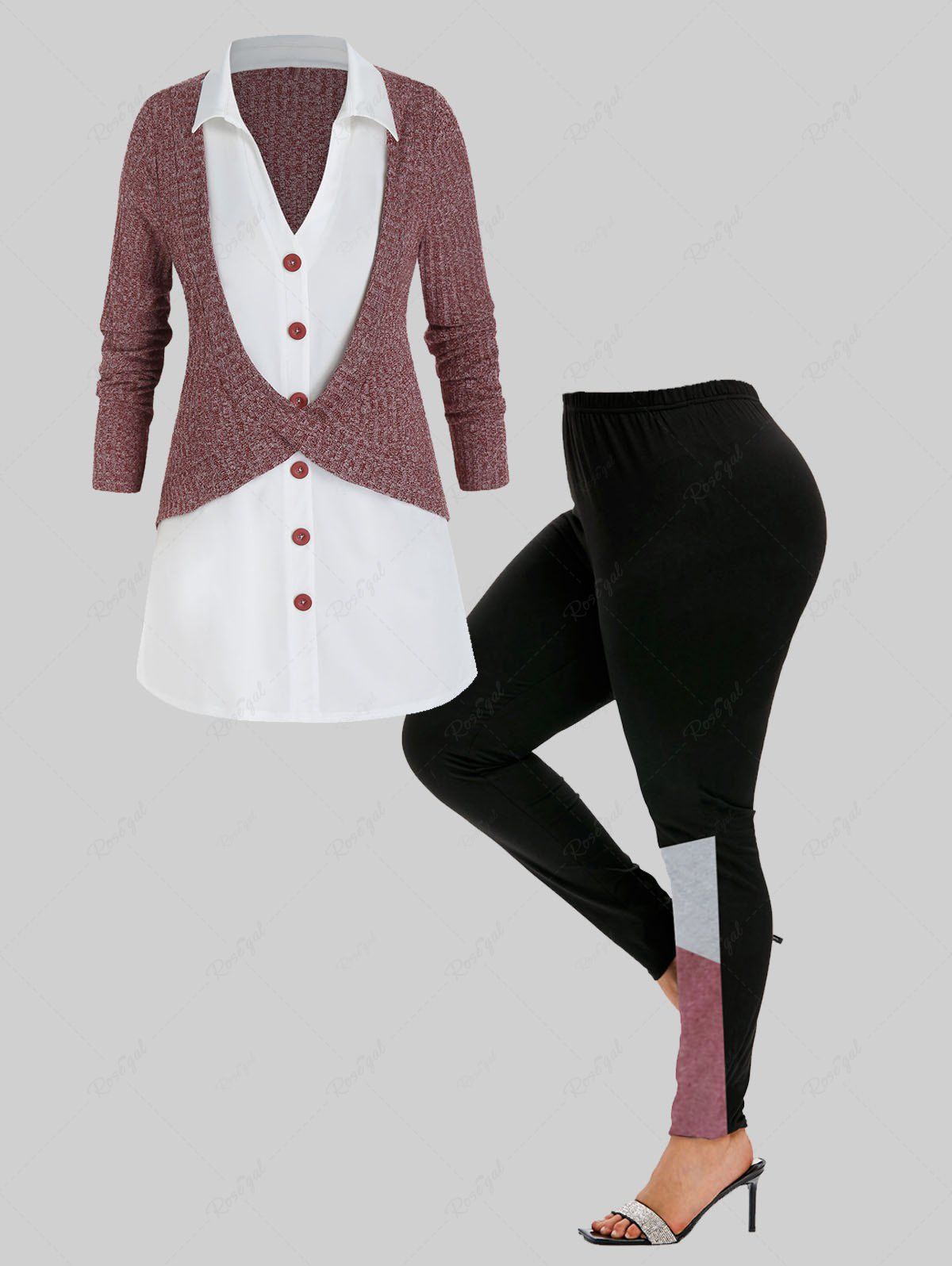 Fashion 2 In 1 Button Front Bicolor Knit Sweater and Colorblock Leggings Plus Size Outfit  