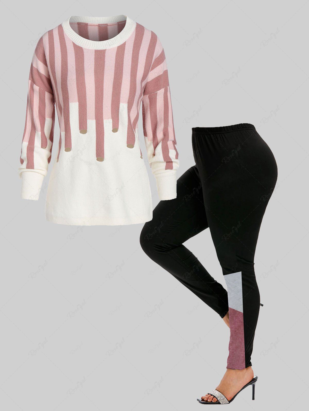 Affordable Drop Shoulder Stripes Sweater and Colorblock Leggings Plus Size Outfit  