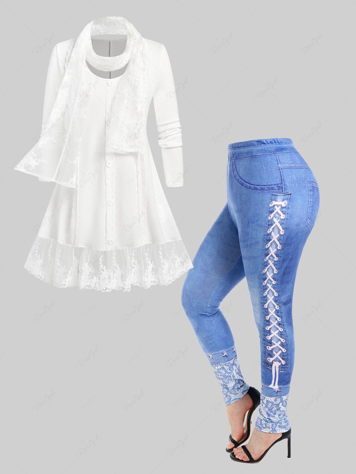 Trendy Embroidered Mesh Panel Longline T-shirt with Scarf and 3D Denim Print Skinny Jeggings Plus Size Outfit  