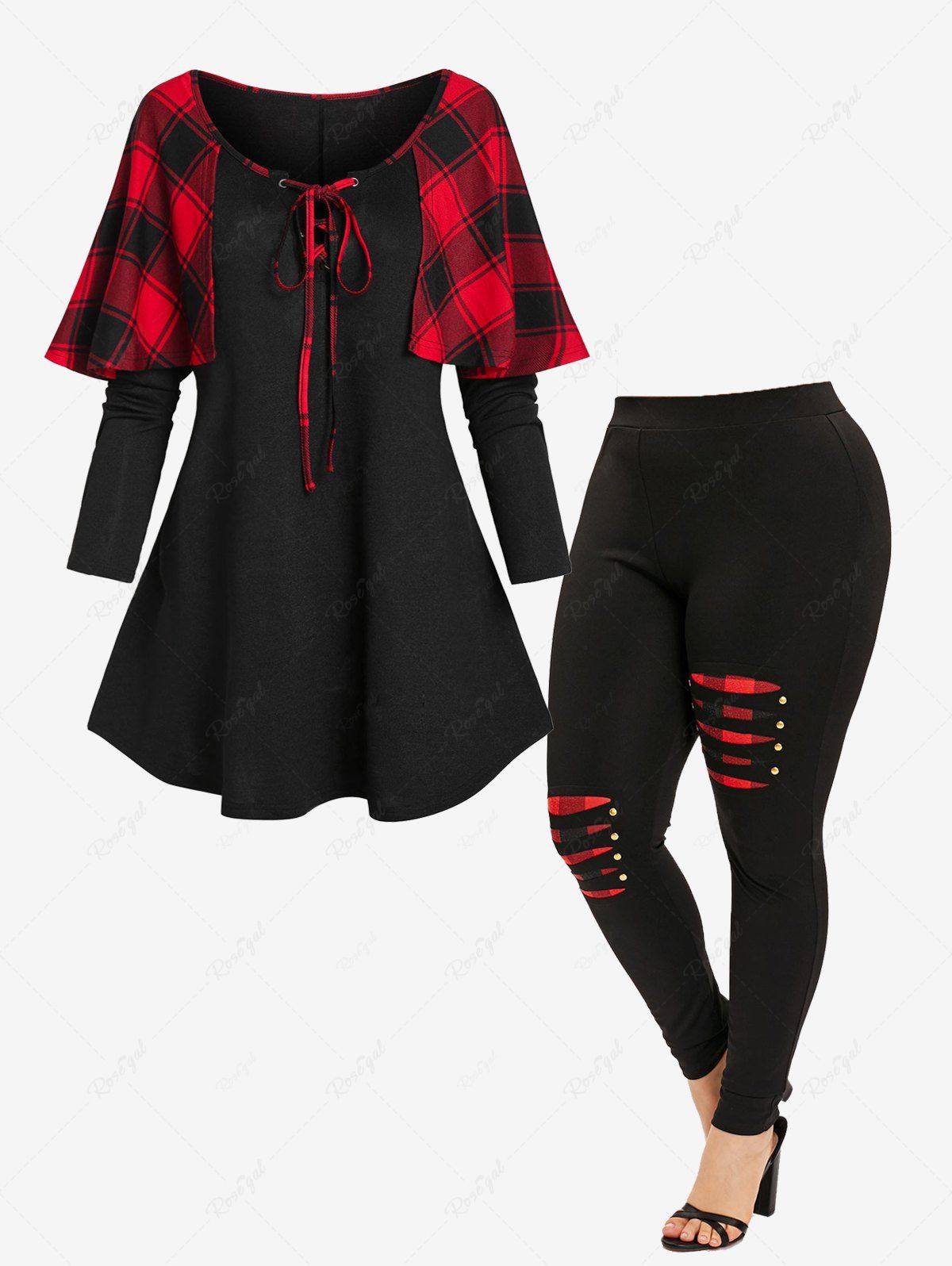 Trendy Plaid Keyhole Tie Cape Curved Tunic Top and Ripper Leggings Plus Size Outfit  