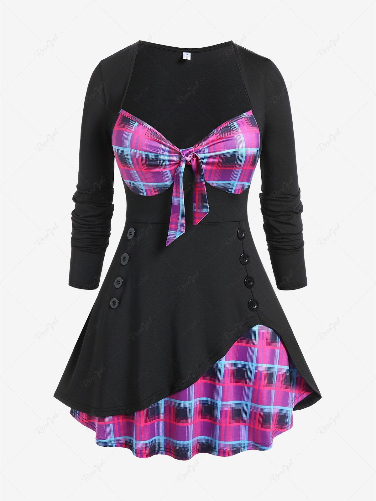 Outfit Plus Size Long Sleeve Bowknot Plaid T-shirt  