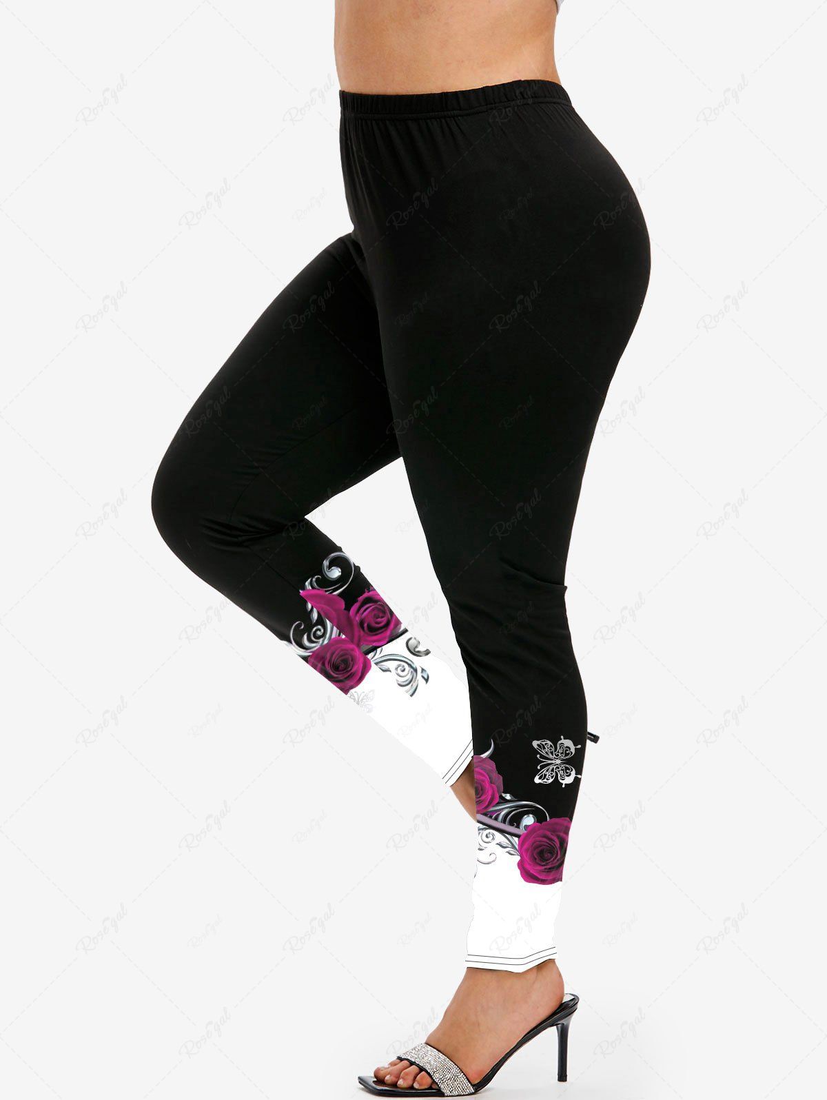 Trendy Plus Size 3D Rose Butterfly Printed Colorblock Skinny Leggings  
