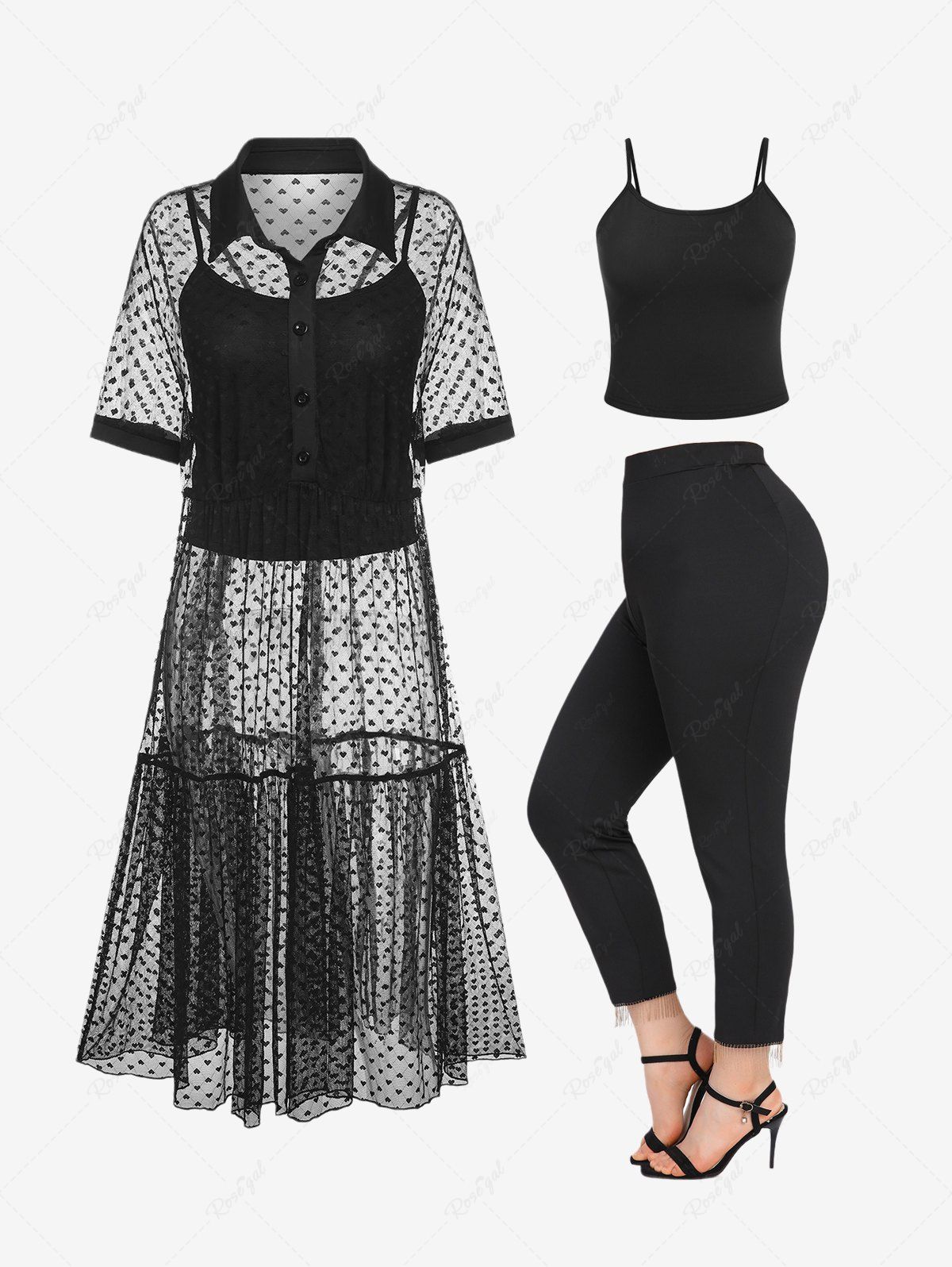 Fashion Heart Pattern Sheer Mesh Longline Blouse with Camisole Twinset and Fringed Pants Plus Size Fall Outfit  