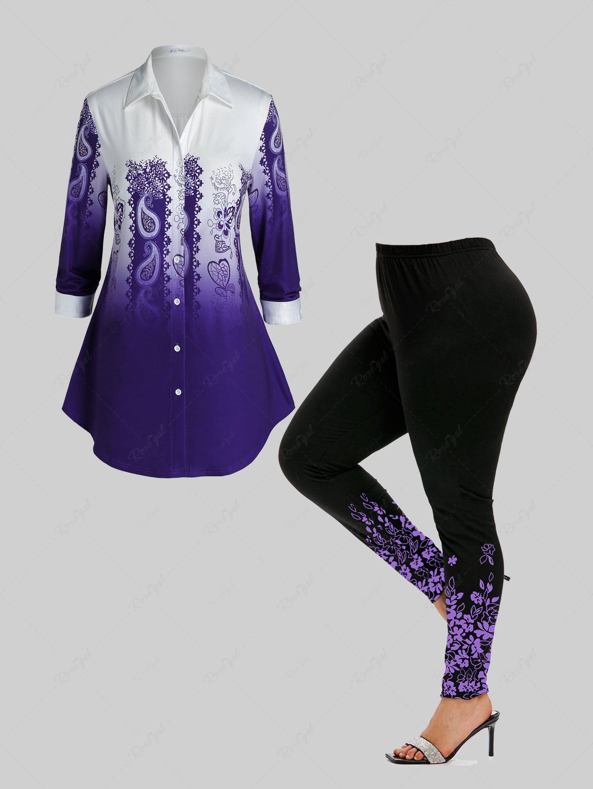 Online Paisley Print Ombre Button Up Shirt and Skinny Leggings Plus Size Fall Outfit  