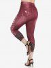 Spliced Buttoned Long Tunic Knitwear and High Waisted 3D Denim Print Capri Jeggings Plus Size Outfit -  