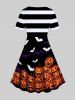 Robe D'Halloween Ligne A Vintage Rayée à Imprimé Citrouille Chauve-souris - Noir 