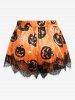 Halloween Lace Panel Pumpkin Print Short Pajamas Set -  