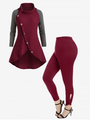 Oblique Buttons Two-tone Sweater and High Rise Cutout Twist Leggings Plus Size Outerwear Outfit