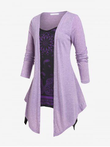 Plus Size Faux Twinset Paisley Print Asymmetric Tee