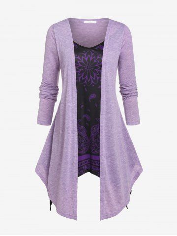 Plus Size Faux Twinset Paisley Print Asymmetric Tee
