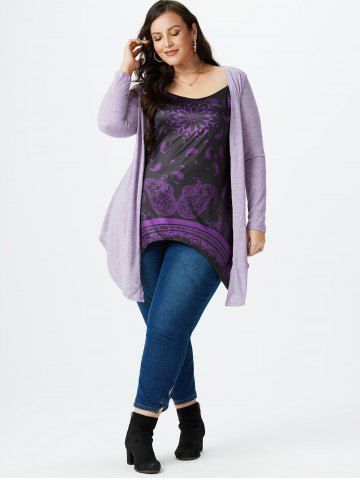 Plus Size Faux Twinset Paisley Print Asymmetric Tee