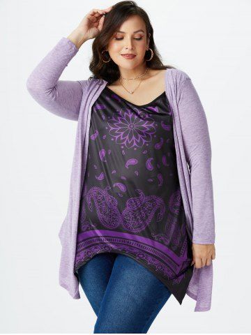 Plus Size Faux Twinset Paisley Print Asymmetric Tee