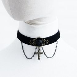 Gothic Rose Cross Pendant Choker Necklace - BLACK