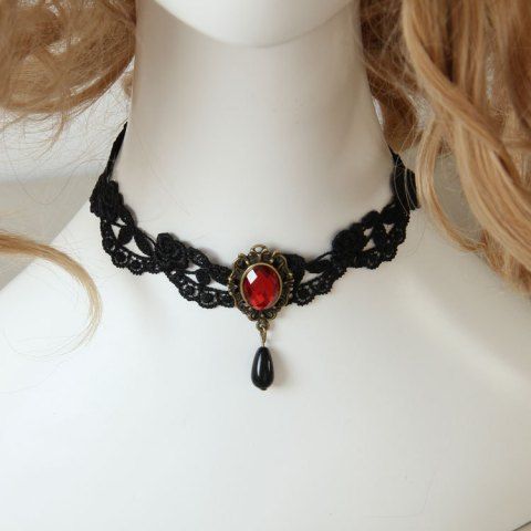 Gothic Victorian Lace Red Gem Choker Necklace - BLACK