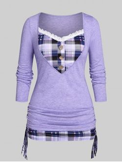 Plus Size Plaid Cinched 2 in 1 T-shirt - PURPLE - 2X | US 18-20