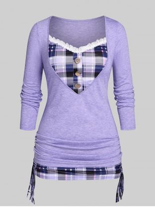 Plus Size Plaid Cinched 2 in 1 T-shirt