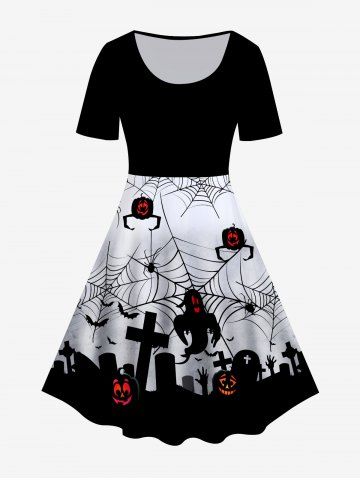 Halloween Spider Web Pumpkins Ghost Printed Vintage A Line Dress - BLACK - S | US 8