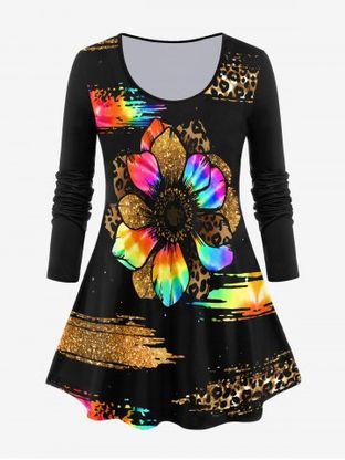 Plus Size 3D Sparkles Sunflower Printed Long Sleeves Tee