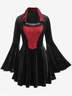Halloween Costume Lace Trim Spider Web Contrast Flare Sleeves Velvet Mini Dress - BLACK - 2X | US 18-20