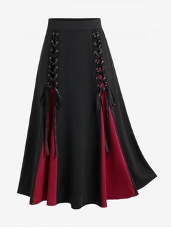 Gothic Lace Up Two Tone Godet Hem Midi A Line Skirt - BLACK - 1X | US 14-16