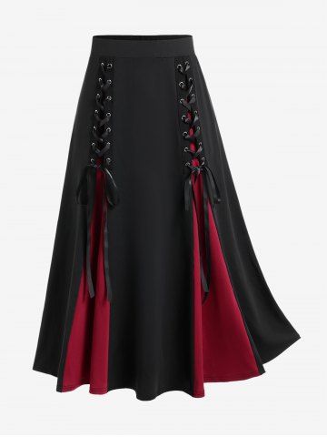 Gothic Lace Up Two Tone Godet Hem Midi A Line Skirt - BLACK - 4X | US 26-28