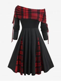 Plus Size Skew Neck Plaid Cinched Ruched Godet Fit and Flare Dress - RED - 3X | US 22-24