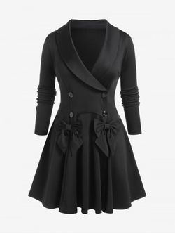 Plus Size Shawl Neck Flounce Double Breasted Mini Blazer Dress with Bowknots - BLACK - 5X | US 30-32